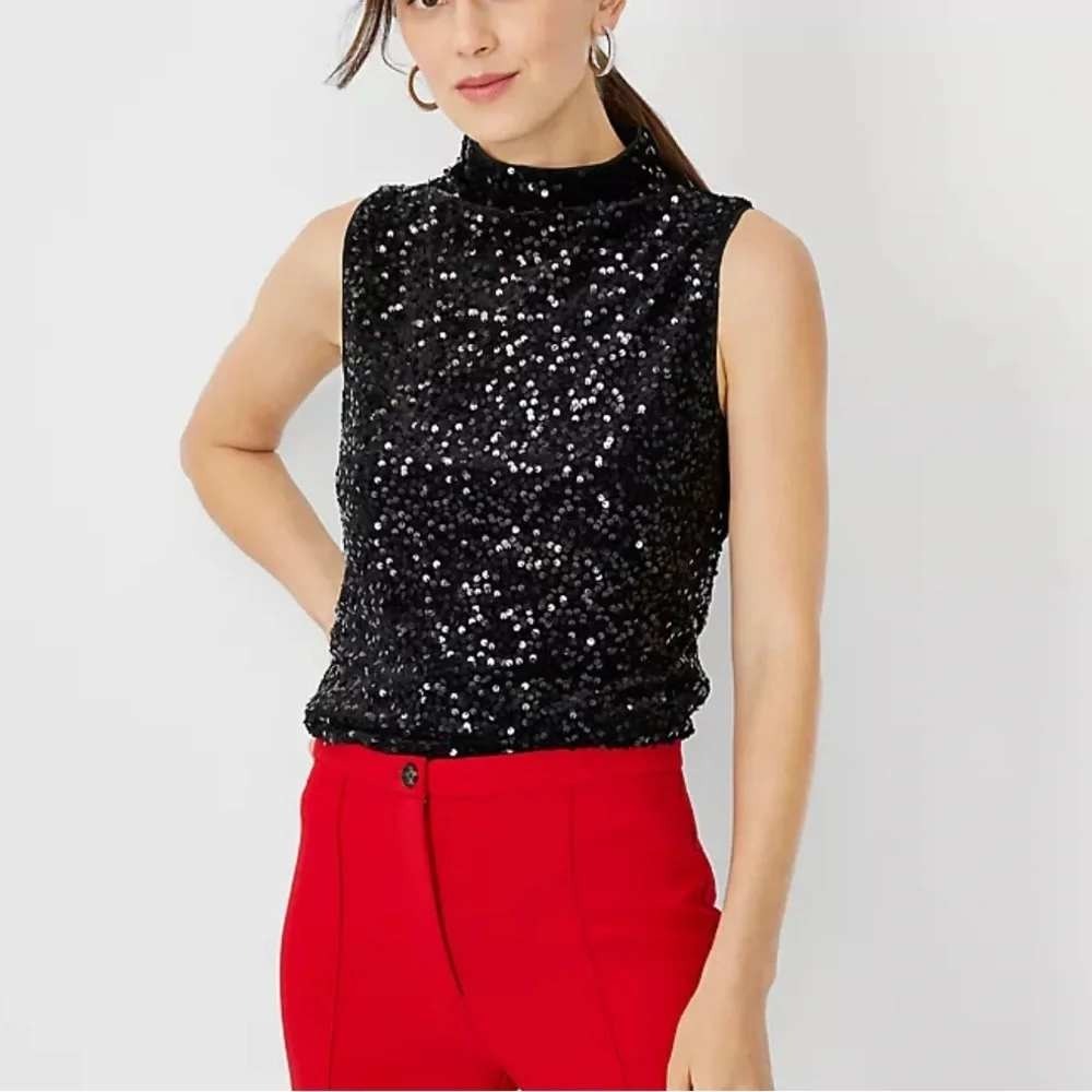 Ann Taylor Black Sequin Mock Neck Sleeveless Shell Top Size Large NWT